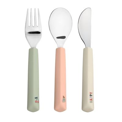 LÄSSIG Barnbestick-set 3-delad gaffel, sked, kniv rostfritt stål silikonhandtag/Cutlery med silikonhandtag glad frukt körsbär