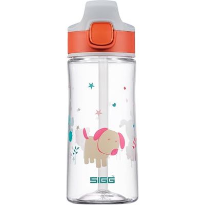 Sigg - Gourde Enfant avec Paille En Tritan - Miracle Puppy - Étanche - Passe au Lave-Vaisselle & Micro-ondes - Résiste aux Chocs - Sans BPA - Pour École & Sport - Orange Motif Chien - 0,45L