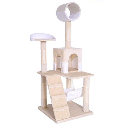 lionto krabpaal voor katten met hangmat & tunnel, hoogte 133 cm, kattenboom met sisaltouw & zacht pluche, comfortabele ligplekken & grotten, geschikt voor kleine & grote katten, beige/wit