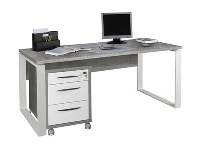 Composad | Bureau et Commode avec 3 tiroirs et Serrure de la Ligne Dessin, Lot de 2 Meubles de Bureau, (LxHxP): 170 x 74,50 x 80 cm, Couleur Gris Ciment et Blanc laqué, fabriqué en Italie