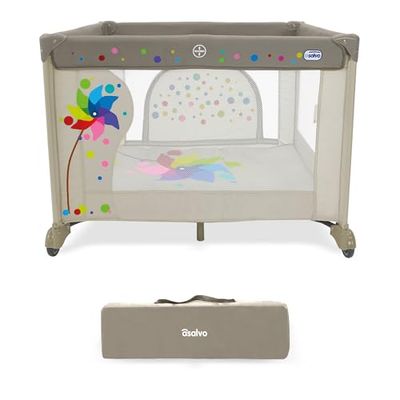 Parque infantil para bebé, 106 x 106 cm, corrente dobrável com base acolchoada porta frontal e rodas, design robusto e saco de transporte SQUARE moinho bege