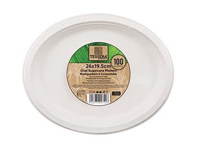 Tessera Bio Products QA130B - Piatto ovale in canna da zucchero, lunghezza 25 cm, larghezza 19,5 cm, confezione da 100 pezzi