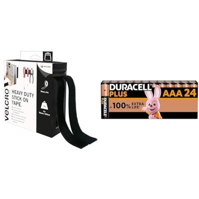 VELCRO Brand Heavy Duty Stick On Tape Cut-to-Length Industrial Extra Strong Double Sided Hook & Duracell Plus AAA Batteries (24 Pack) - Alkaline 1.5V - Up to 100% Extra Life