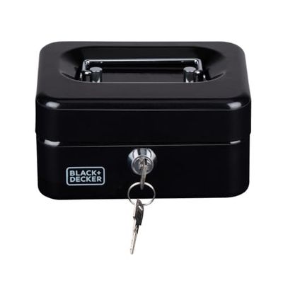 BLACK+DECKER Hucha con llave - Cajón extraíble con 6 compartimentos - Incluye 2 llaves - 20 x 16 x 9 cm - Metal - Negro