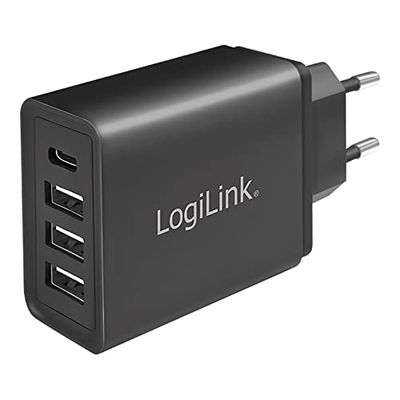 Cargador rápido 27W, 4 Puertos USB, Enchufe de Pared, Ideal para Cargar Dispositivos móviles y Accesorios simultáneamente.