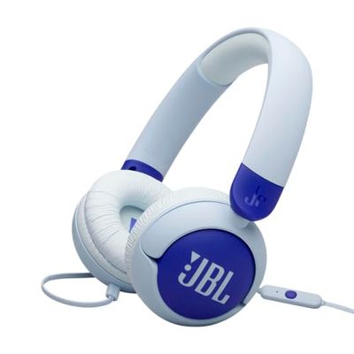 JBL Junior 320, bedrade on-ear koptelefoon voor kinderen met ingebouwde microfoon, JBL Safe Sound, laag volume, 12 mm dikke zachte pad en sticker set, ultraportabel ontwerp, in blauw