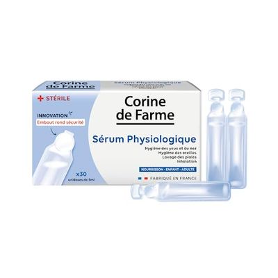 Corine de Farme - Sérum Physiologique x30 Unidoses Stériles de 5ml - Embout Rond Sécurisé - Hygiène Yeux, Nez, Oreilles, Lavage des Plaies et Inhalation - Bébé, Enfant et Adulte - Fabriqué en France