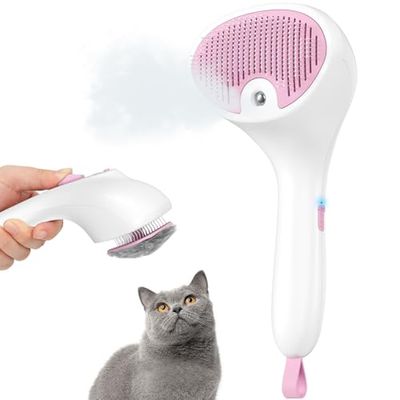 Euqvunn Spazzola a Vapore per Gatti e Cani con Pulsante di Rilascio, [Design Ultra-Silenzioso/Manico Ergonomico] Spazzola a Vapore Ricaricabile per Animali Domestici,Spazzola per Gatti, Cani Conigli