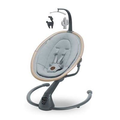 Maxi-Cosi Cassia elektrisk babygunga, 0–6 månader, max 9 kg, babysitter elektrisk, 12 melodier, 360° sätesrotation, automatisk rörelseavkänning, 5 gunghastigheter, 2 lutningslägen, Beyond Grey