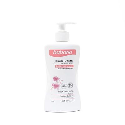 Babaria - Jabón Íntimo Hidratante con Rosa Mosqueta y Ácido Láctico, Respeta el PH Íntimo, Testado Bajo Control Ginecológico, Rápida Absorción, Vegano - 300 ml