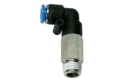 Rosca de conexión en L "Blaue Serie", larga, giratoria, R 3/8 A, para manguera de diámetro exterior de 12 mm, de trabajo. Máx. 15 bar, plástico/MS vern.