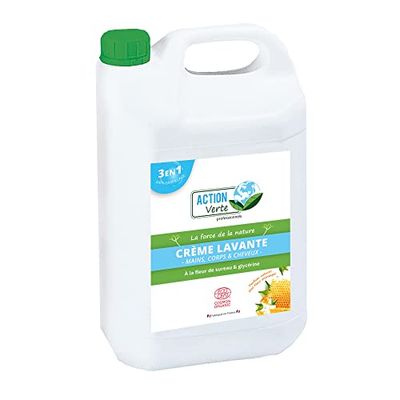 ACTION VERTE - Crema lavante - Pulisce le mani, corpo e capelli - Certificazione Ecocert - Formula naturale - Profumo fiore d'arancio e miele- 5L - Fabbricazione francese