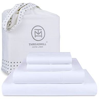 Threadmill - Juego de sábanas, 4 artículos, de algodón Supima Americano, para Cama King, 1000 Hilos, Tela Satinada Lisa, Solapa Alta de 43 cm, Blanco