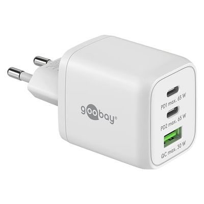 Goobay 64754 USB-C PD Nano Multiport snellader (65W) / 2 x USB-C PD 1 x USB-A Quick Charge/Power Charger voor oplaadkabel van iPhone en andere mobiele telefoons, wit