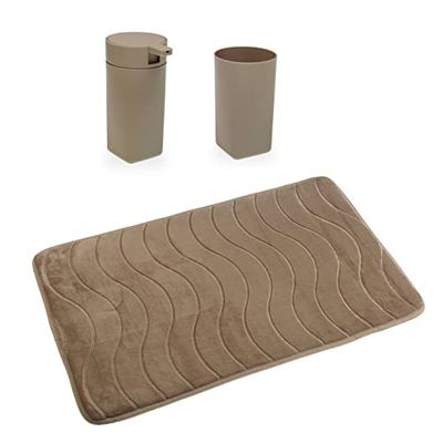 Versa Myra Accesorios Dispensador, Vaso de Cepillos y Alfombrilla Antideslizante, Moderno, Medidas (Al x L x An) 1 x 45 x 75 cm, Polipropileno y Algodón, Color Beige, Set de baño