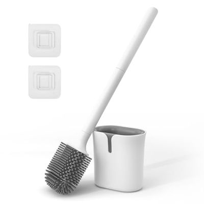 Vinabo Silicone, Flat Bacterial, Quick Dry, Anti-Drip Toilet Brush, Wall/Floor Mounted, White, One Size