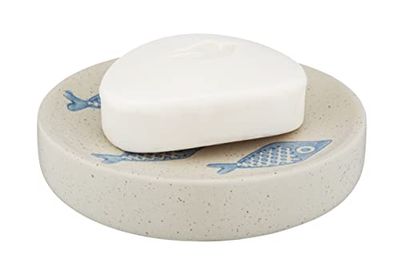 WENKO Porte-savon Aquamarin, coupe à savon pour le rangement du savon à main, en céramique noble en blanc mat avec un décor maritime bleu, dessins réalisés à la main, Ø 10 x 3 cm