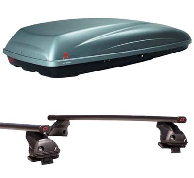 Set Baule tetto + Barre realizzato per CHEVROLET EVANDA 2003-2006 capiente 390 Litri in Grigio chiaro con Serratura Barre 110 CM + Kit Attacchi