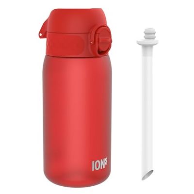 ION8 Kinder Waterfles Met Rietje, 350 ml/12 oz, Lekvrij, Makkelijk te Openen, Veilige Sluiting, Vaatwasserbestendig, BPA-vrij, Draaghendel, Hygiënische Klapdeksel, Makkelijk Schoon te Maken, Rood
