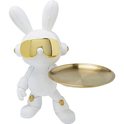 Kare Design decoratief figuur Cool Bunny Tray, witte haas, polyhars, dienblad van gelakt staal, uniek dienblad, handbeschilderd, D 17 cm, 27 x 24 x 34 cm (h x b x d)