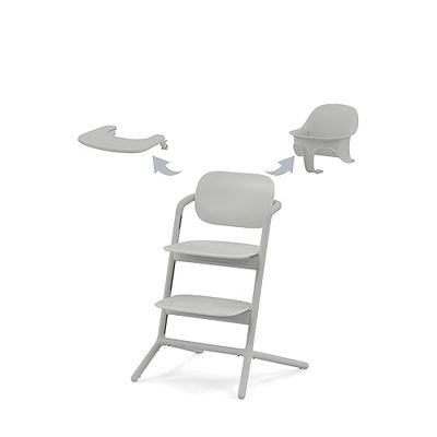 CYBEX Gold LEMO Set Chaise Haute 3en1 ; Grandit avec l’enfant, 6 mois - 99 ans : Peut être utilisée dès la naissance avec un Transat CYBEX séparé ; inclus : Baby Set et plateau repas ; aluminium / plastique ; Suede Grey
