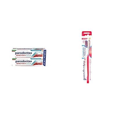 Parodontax Dentifrice Gencives + Sensibilité et Haleine Fraîcheur Intense Aloe Vera et Vegan lot de 2 x 75ml & Brosse à Dents Complete Protection, Aide à Arrêter et Prévenir Le Saignement Des Gencives
