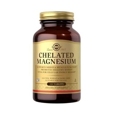 Solgar Chelated Magnesium - Supports Muscle and Nervous System - Mind Balance - Energy Release and Reduces Tiredness - Brown, 100 Tablets