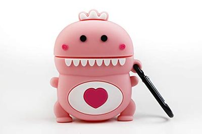 Funny Earbuds cases - funda protectora de silicona para auriculares inalambricos - Diseño dragón rosa con corazón y mosquetón anti pérdida