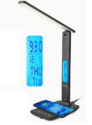 Blaupunkt Lampada da tavolo a LED con caricatore wireless - Porta di ricarica USB - Dimmerabile con 5 modalità di colore - Braccio regolabile - Ufficio - Luce da lettura - Display LCD - Nero
