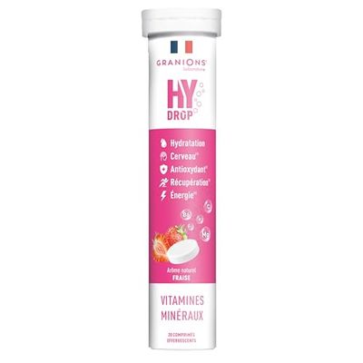 GRANIONS HYDROP ELECTROLYTE - Electrolytes Hydratation SANS SUCRE - Fabriqué en France - Vitamines, Minéraux, Magnesium - Pastille Hydratation - 20 Pastilles Effervescentes avec Electrolytes - Fraise