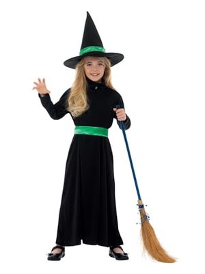 Smiffys Wicked Witch kostym, svart med klänning, bälte och hatt, halloween barn maskeradklänning, häxa utklädningsdräkter