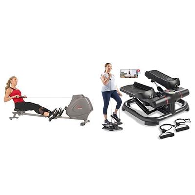 Sunny Health & Fitness Foldable and Compact Magnetic Rowing Machine, 130 KG MAX + 2-in-1 Premium Power Stepper with Resistance Bands, Space-Saving, and Optional SunnyFit App