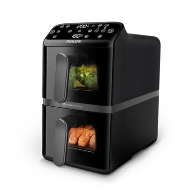 Philips AirFryer Serie 4000 10L VerticalDuo, doppio cesto, RapidAir, cottura sincronizzata, 2 pasti allo stesso tempo, risparmio di 45% di spazio, rivestimento ceramico senza PFAS, finestre di cottura