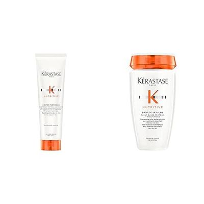 Kérastase - Nutritive - Routine Cheveux Secs à Très Secs - Bain Satin Riche, 250 ml + Lait Nourrissant Thermo-Protecteur - Sans Rinçage - Nectar Thermique - 150 ml
