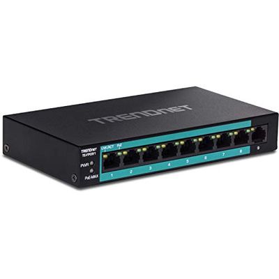 TRENDnet 9-Port Unmanaged Fast Ethernet Long Range PoE+ Switch, 8 x Fast Ethernet PoE+ And 1 x Fast Ethernet Port, Extend PoE+ Up To 250m (820 ft) At 10Mbps, 1.8Gbps, 60W Power Budget, Black, TE-FP091