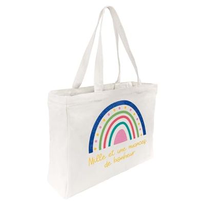 Draeger Paris – Tote Bag Regenbogen "Bonheur"(auf Französisch) – leicht, robust und ultraweich – geräumige Innenseite – 100 % Baumwolle - Einkaufstasche wiederverwendbar
