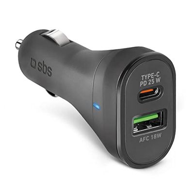 SBS Chargeur de Voiture 25 Watt, Chargeur pour iPhone, Samsung, Xiaomi, Oppo, Chargeur USB-C pour téléphones Portables et tablettes, Sortie de Charge Rapide USB-A 18 Watt