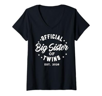 Womens Official Big Sister of Twins 2026 Baby Announcement Gifts V-Neck T-Shirt
