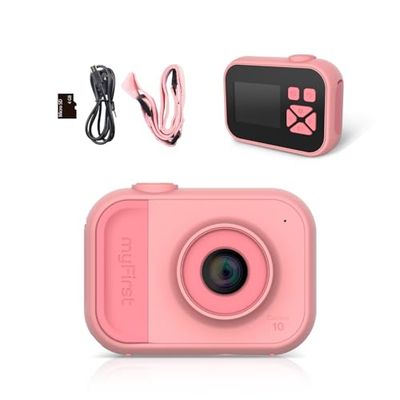 myFirst Aparat 10 - Aparat cyfrowy dla chłopców i dziewcząt w wieku od 4 do 9 lat 5 MP wideo 32 GB z adapterem śrubowym do statywu, odpowiedni na prezent urodzinowy (różowy)