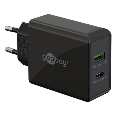 goobay 61673 Dual USB-C PD (Power Delivery) Caricatore rapido (30 W) / Quick Charge Alimentatore di Rete per iPhone, Samsung, Huawai/Cellulare Caricabatterie/Adattatore di Ricarica per la Presa/Nero