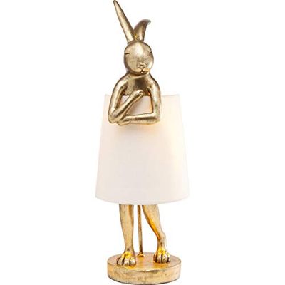 Kare Design Lampe á Poser Animal Rabbit, Lapin, Or/Blanc, Abat Jour Lin, Lampe de Table, Deco Intérieur, Décoration Chambre à Coucher, Salon, Bureau, 68x23x26cm (Ampoule Non Incluse)