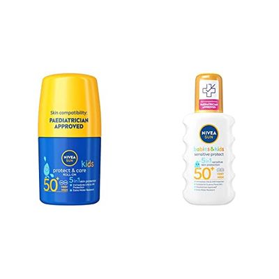 NIVEA SUN Kids Protect & Care Caring Roll-On & Sensitive Spray Sunscreen with SPF 50 & 50+, Kids Suncream for Sensitive Skin, Roll-On & Spray