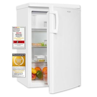 Exquisit® Frigorífico Table Top, 109L, Clase D, Color Blanco, Tirador Acero, Estantes de Cristal, Puerta Reversible, Cajón Verdulero, Regulación de Altura, Consumo 111 kWh/año, Medidas 85.5x55x57 Cm.