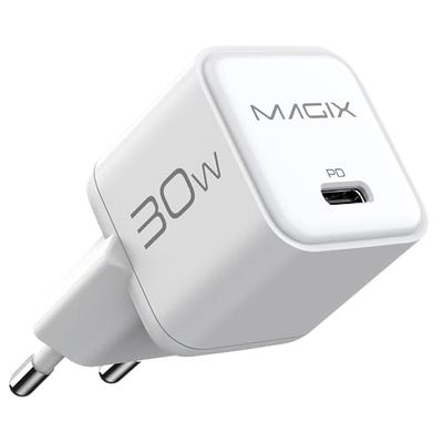 Magix Caricatore 30W NANO, Caricabetterie USB-C GaN PD Power Delivery Per iPhone 15/15 Plus/15 Pro/15 Pro Max, 14/13/12-Mini/Pro/Pro Max/SE, AirPods Pro, iPad Pro, Galaxy(EUR PLUG)(BIANCO)