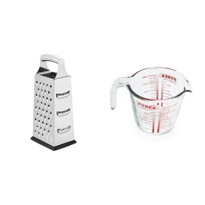 Amazon Basics Stainless Steel Heavy-Duty Rectangular Cheese Grater, 4-Sided Box & Pyrex Measuring Jug 500ml | Capacity 568ml / 20 Ounce | P586, Multicolor
