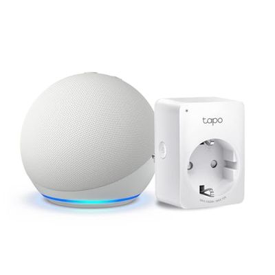 Echo Dot (5ª generazione) | Bianco ghiaccio + TP-Link Tapo Presa intelligente, compatibile con Alexa - Kit di base per Casa Intelligente