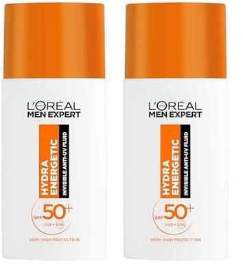 L'Oréal Men Expert Hydra Energetic Daily SPF50+ Invisible Fluid, UV Protection & Skin Revitalisation, With Vitamin C Antioxidant, 50ml (Pack of 2)