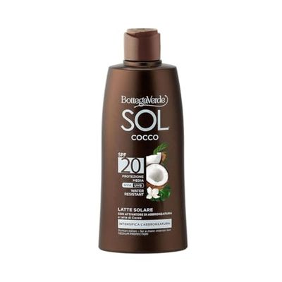Bottega Verde - Latte Solare SOL Cocco SPF 20, 200 ml, con Latte di Cocco, Estratto di Carota e Papaya, Protegge e Intensifica l’Abbronzatura, Texture Ultra Fluida, Water Resistant