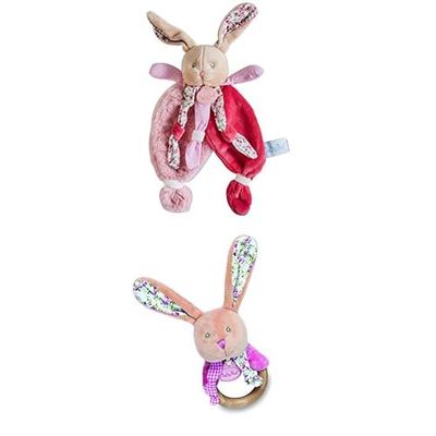 Baby Nat' Lot : 1 Doudou Lapin Plat Poupi Rose + 1 Hochet Bois Lapin Poupi Rose - Cadeau Naissance Mixte - Doudous Adorables et Faciles à Attraper - Idée Cadeau Bébé