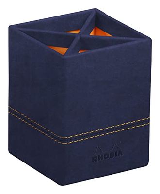 RHODIA 194534C - Pot à Crayons Bleu Nuit - 8x8x11 cm - Piqûres Sellier Orange - Extérieur Simili Cuir-Collection Home Office Rhodiarama - Organisation de Bureau & Rangement Design